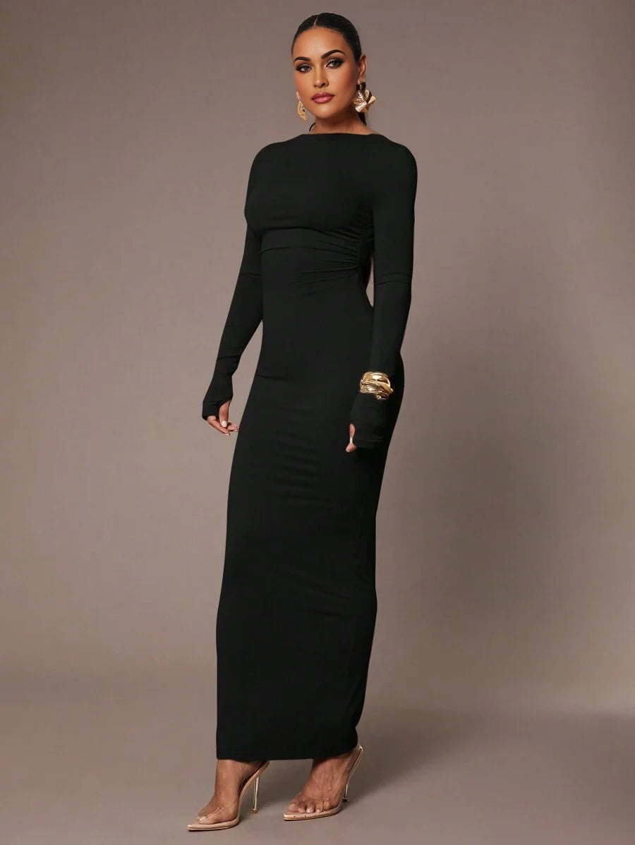 Womens Sexy Backless Waist Ruched Skintight Long Sleeve Dress In Heather Gray