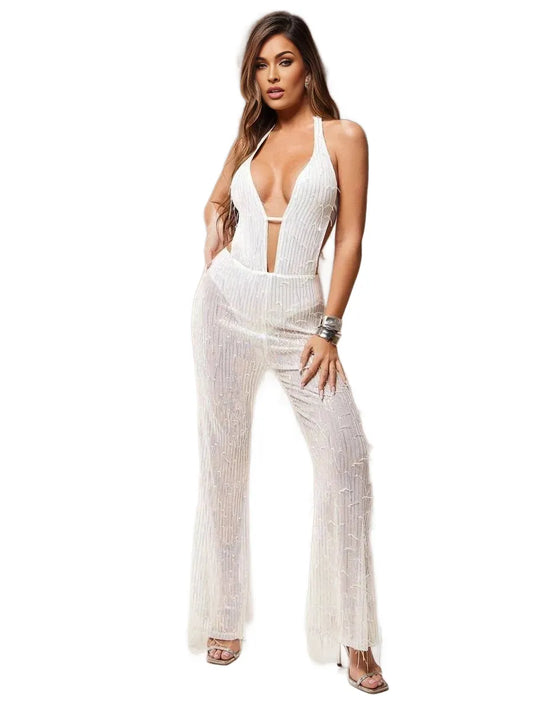 Womens Sexy Festival Party White Sequin Jumpsuit