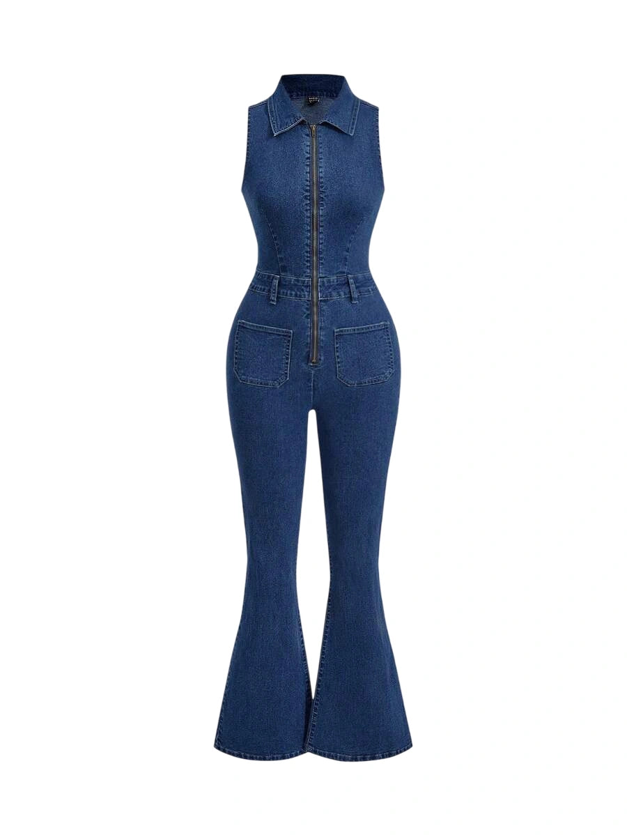 Womens Sexy Sleeveless Denim Jumpsuit With Elasticity And Pants Blue