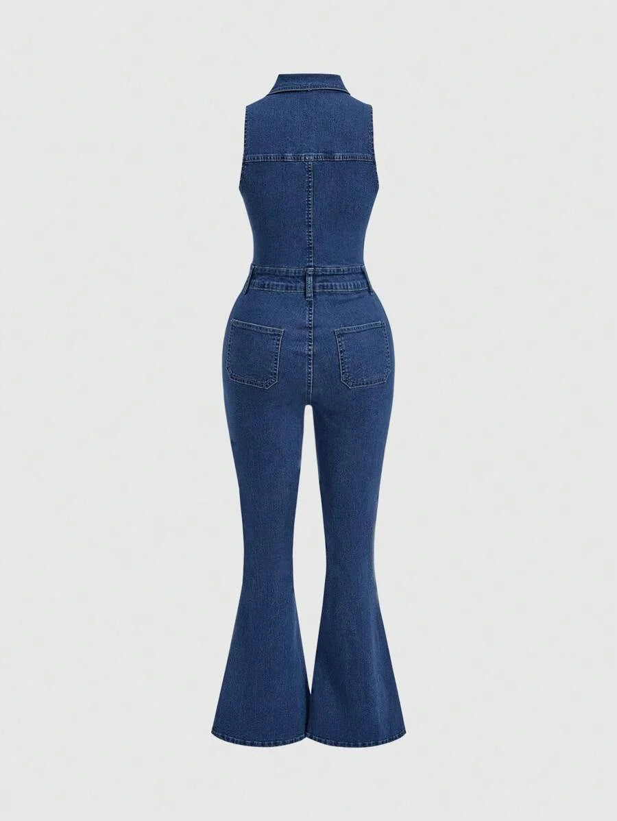 Womens Sexy Sleeveless Denim Jumpsuit With Elasticity And Pants Blue