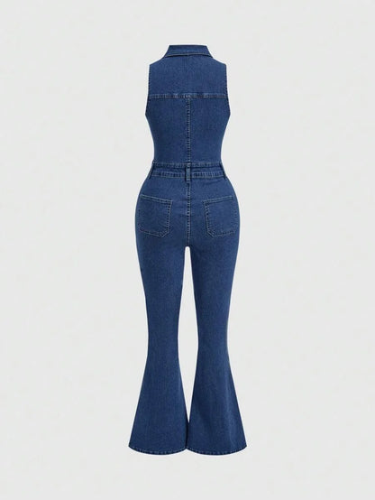 Womens Sexy Sleeveless Denim Jumpsuit With Elasticity And Pants Blue