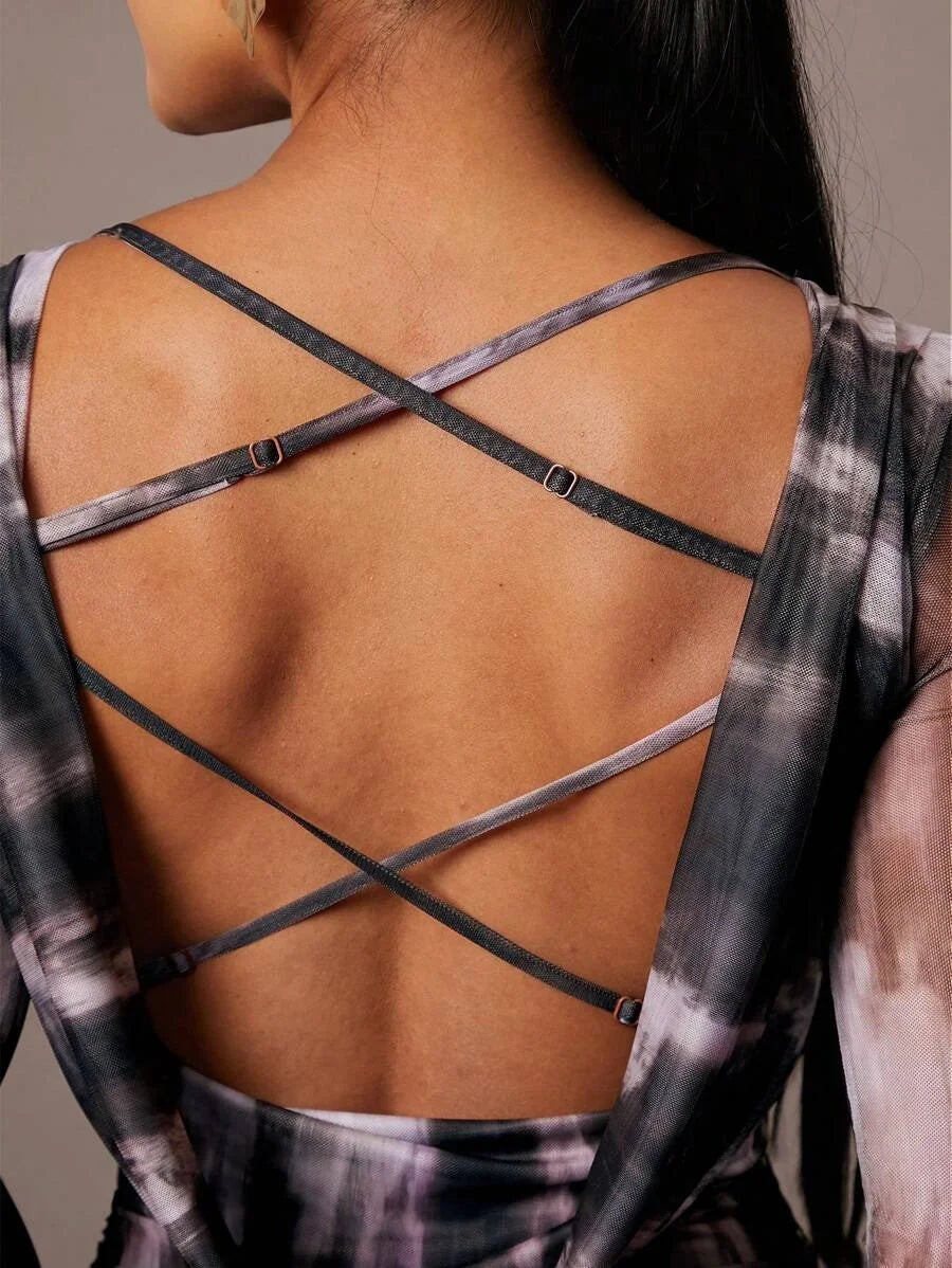 Womens Simple Daily Date Elegant Party Polished Brown Digital Printed Mesh LongSleeved Pleated