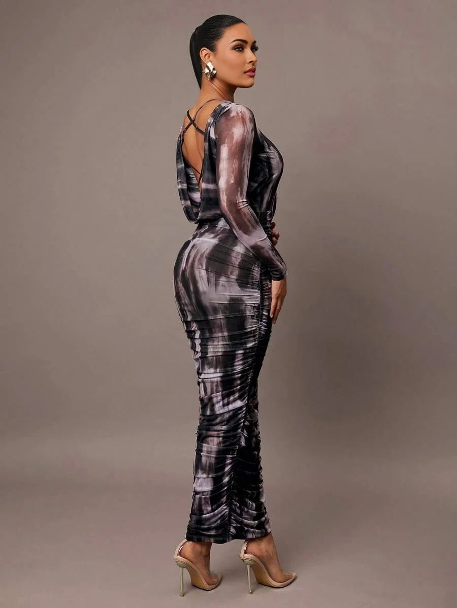 Womens Simple Daily Date Elegant Party Polished Brown Digital Printed Mesh LongSleeved Pleated