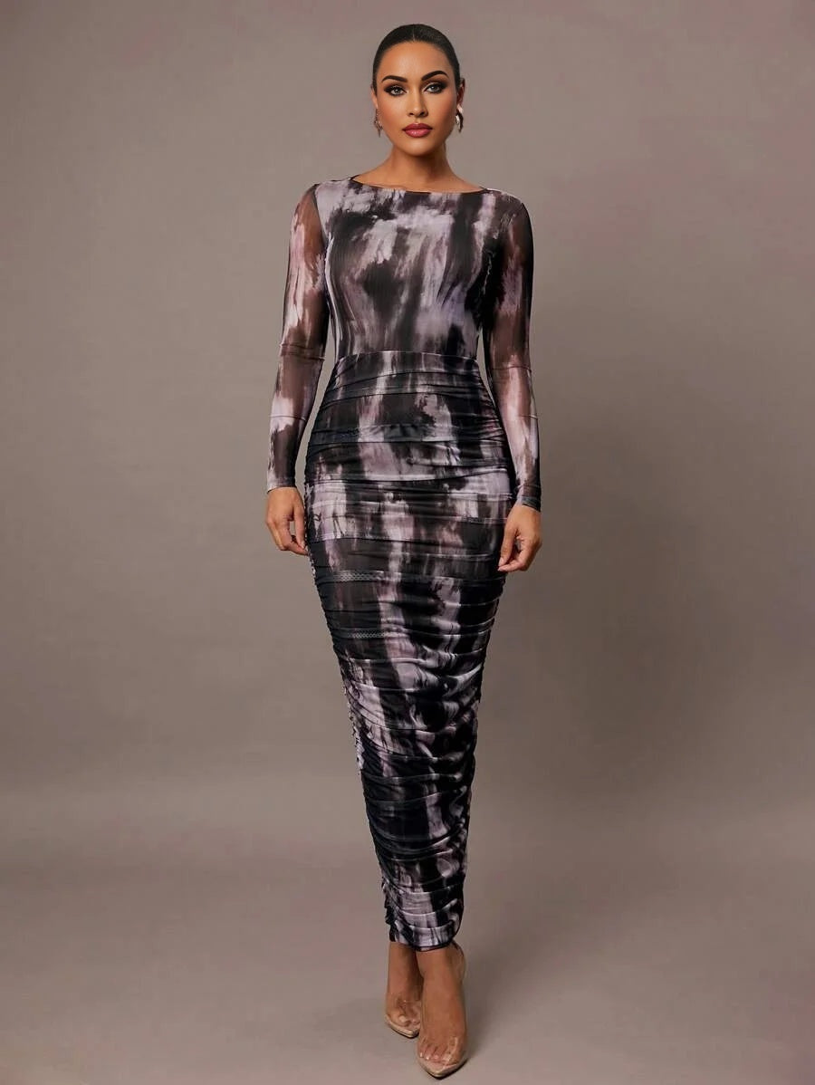 Womens Simple Daily Date Elegant Party Polished Brown Digital Printed Mesh LongSleeved Pleated