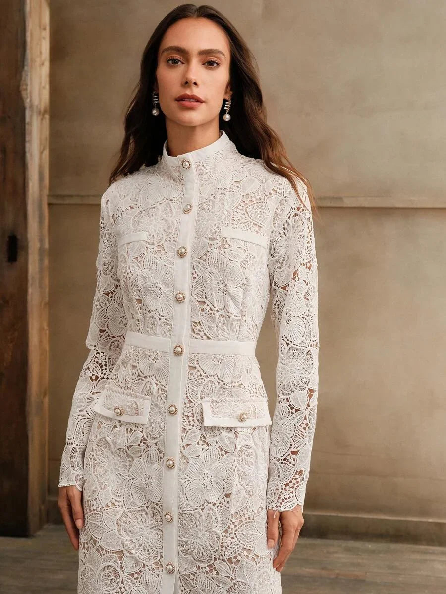 Womens SingleBreasted Long Sleeve White French Fashion Waist Slimming Delicate Romantic Elegant