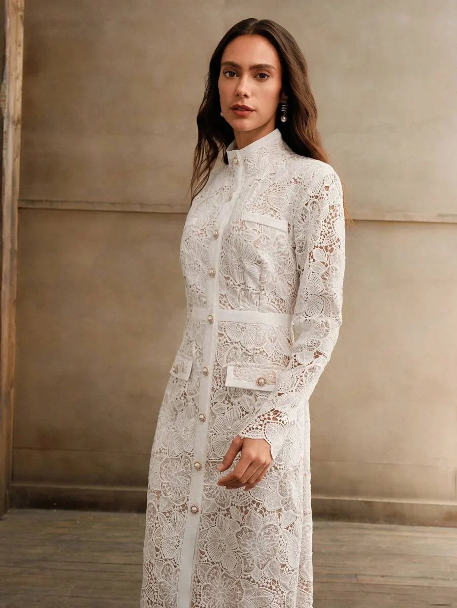 Womens SingleBreasted Long Sleeve White French Fashion Waist Slimming Delicate Romantic Elegant