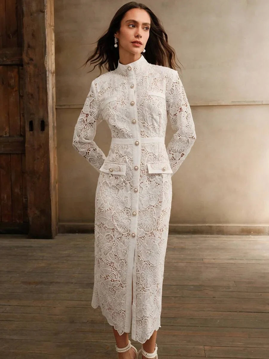 Womens SingleBreasted Long Sleeve White French Fashion Waist Slimming Delicate Romantic Elegant