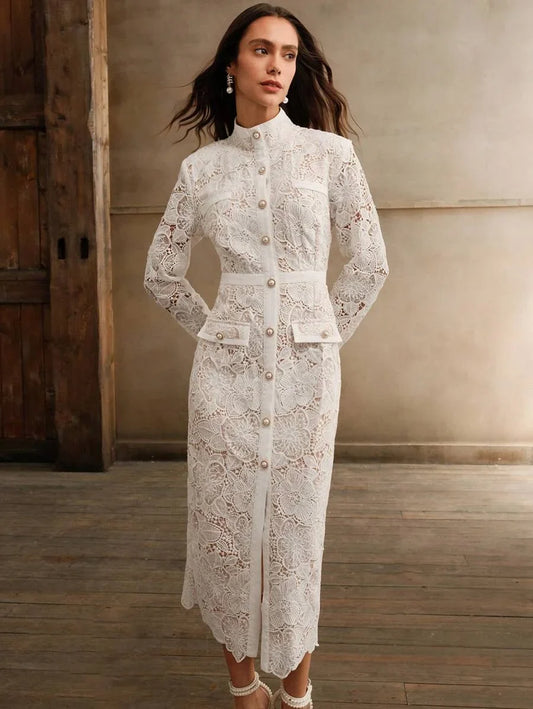 Womens SingleBreasted Long Sleeve White French Fashion Waist Slimming Delicate Romantic Elegant