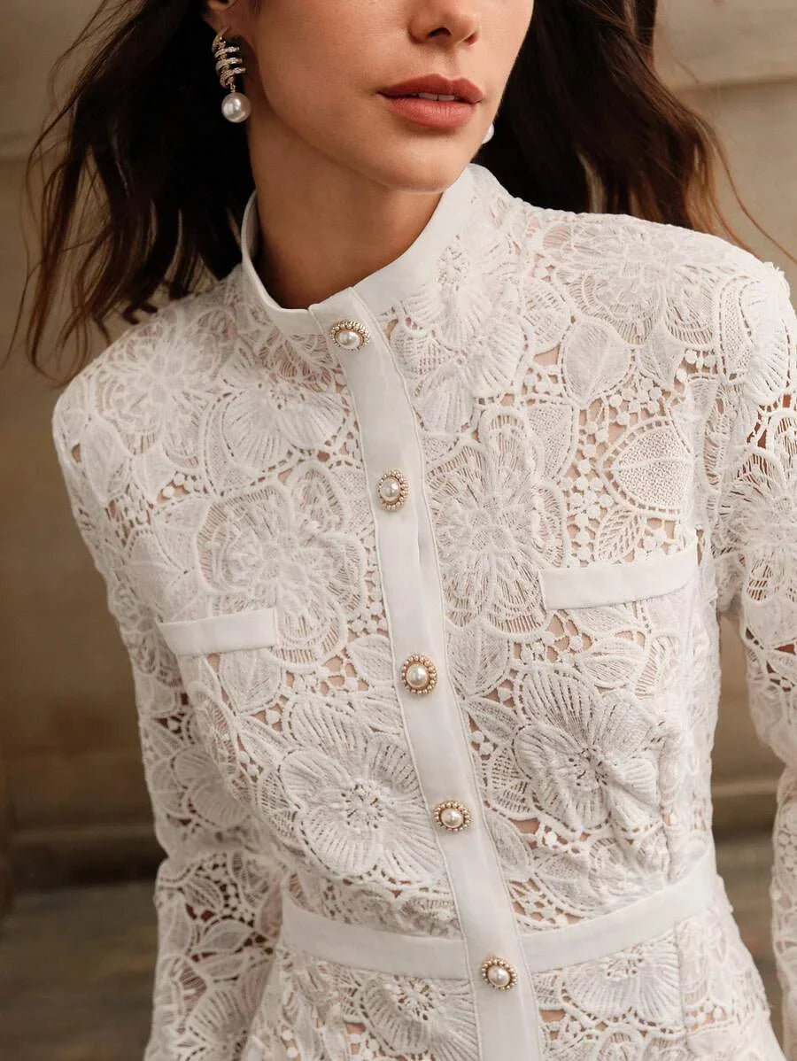 Womens SingleBreasted Long Sleeve White French Fashion Waist Slimming Delicate Romantic Elegant