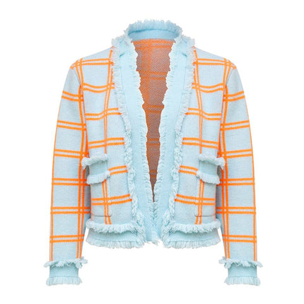 Womens Sky Blue Fringe Trim Plaid Knit Cardigan Sweater