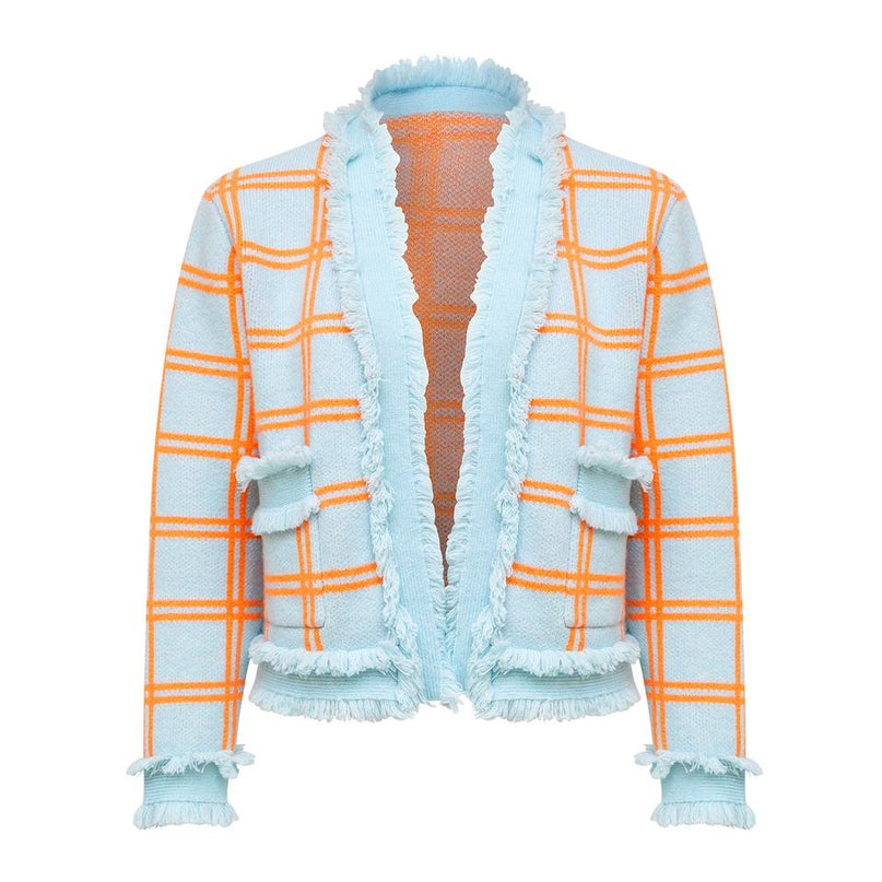 Womens Sky Blue Fringe Trim Plaid Knit Cardigan Sweater