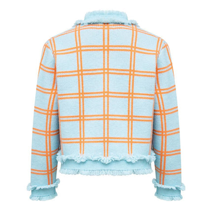 Women's Sky Blue Fringe Trim Plaid Knit Cardigan Sweater