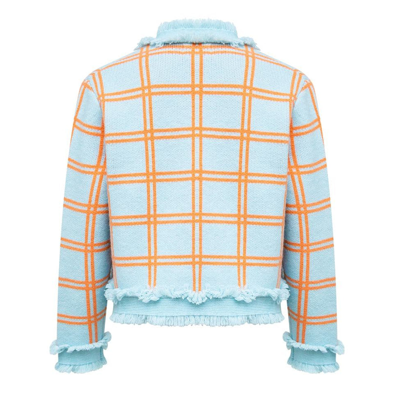 Women's Sky Blue Fringe Trim Plaid Knit Cardigan Sweater