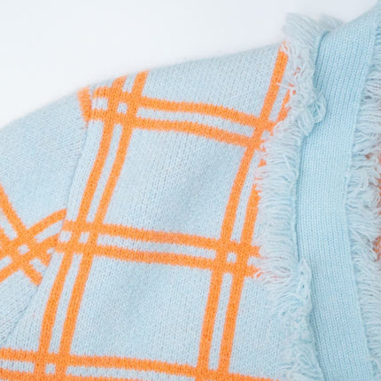 Women's Sky Blue Fringe Trim Plaid Knit Cardigan Sweater