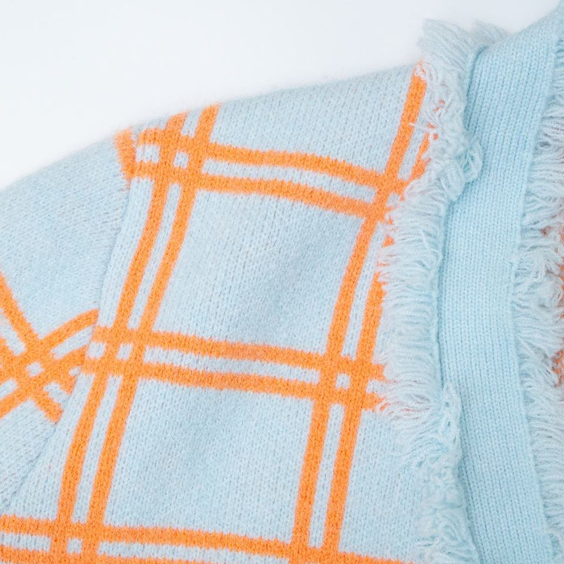 Women's Sky Blue Fringe Trim Plaid Knit Cardigan Sweater