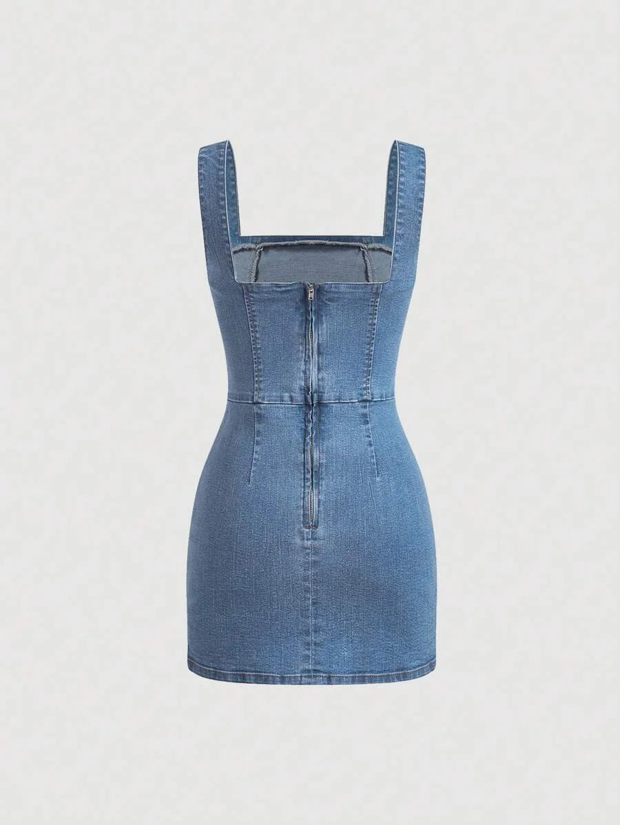 Womens Sleeveless Back Zipper Minimalist Denim Dress Casual For Daily Wear