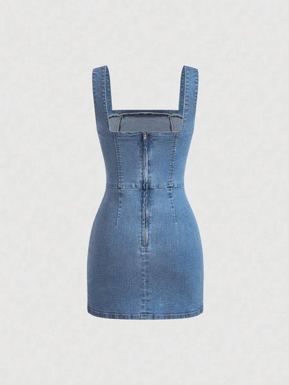 Womens Sleeveless Back Zipper Minimalist Denim Dress Casual For Daily Wear