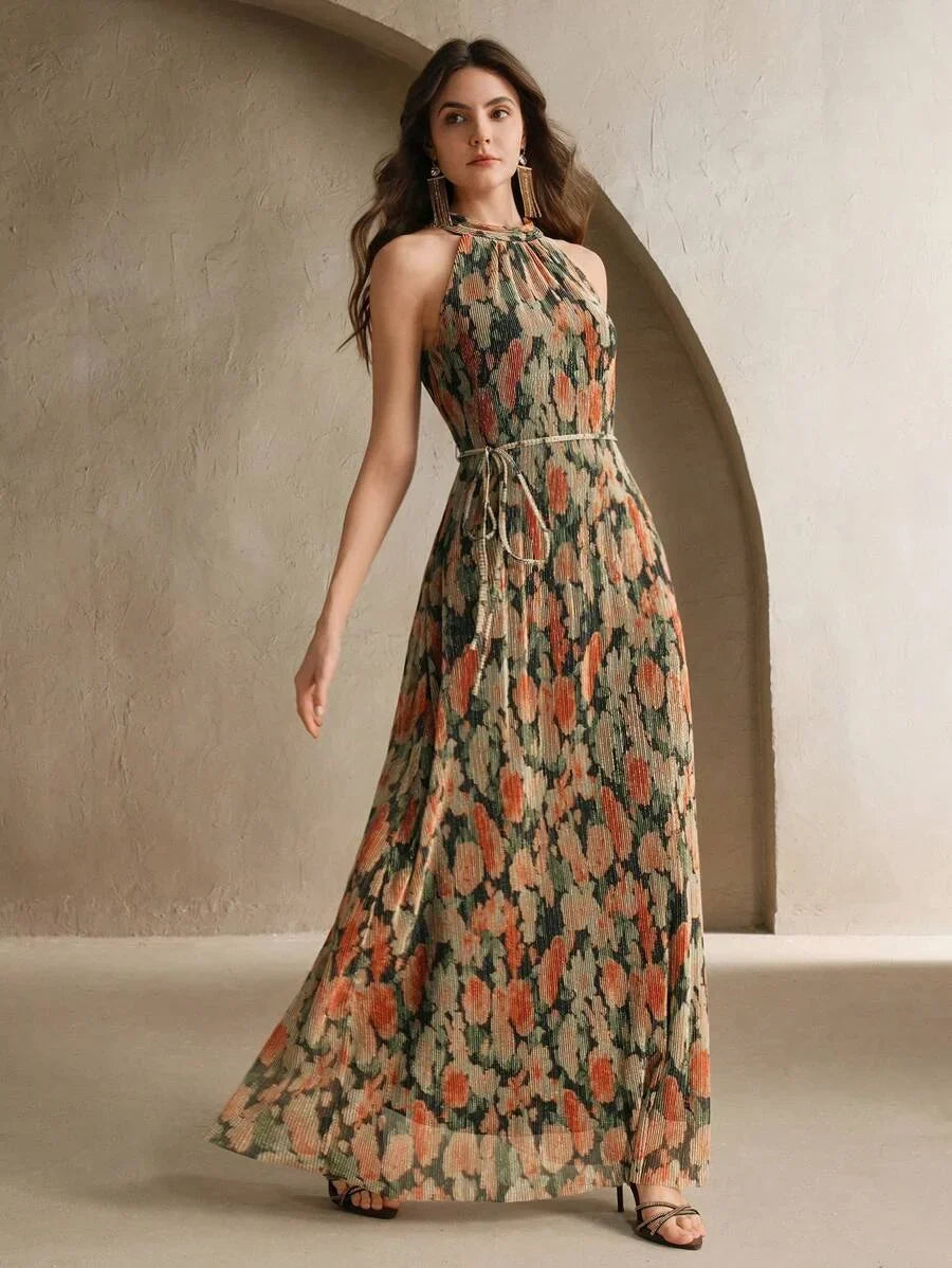 Womens Sleeveless Cinched Waist Floral Print Mesh Dress Elegant For Vacation Party Date Night