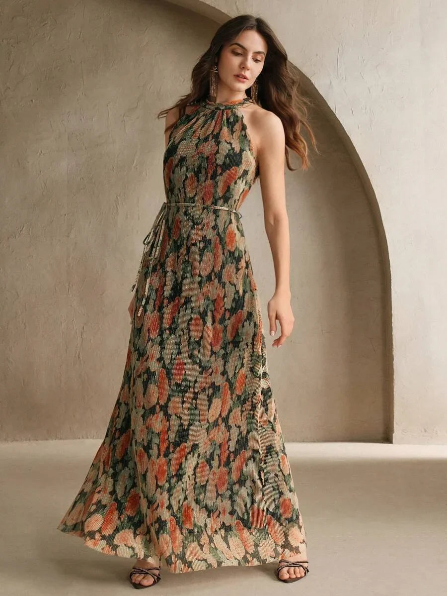 Womens Sleeveless Cinched Waist Floral Print Mesh Dress Elegant For Vacation Party Date Night