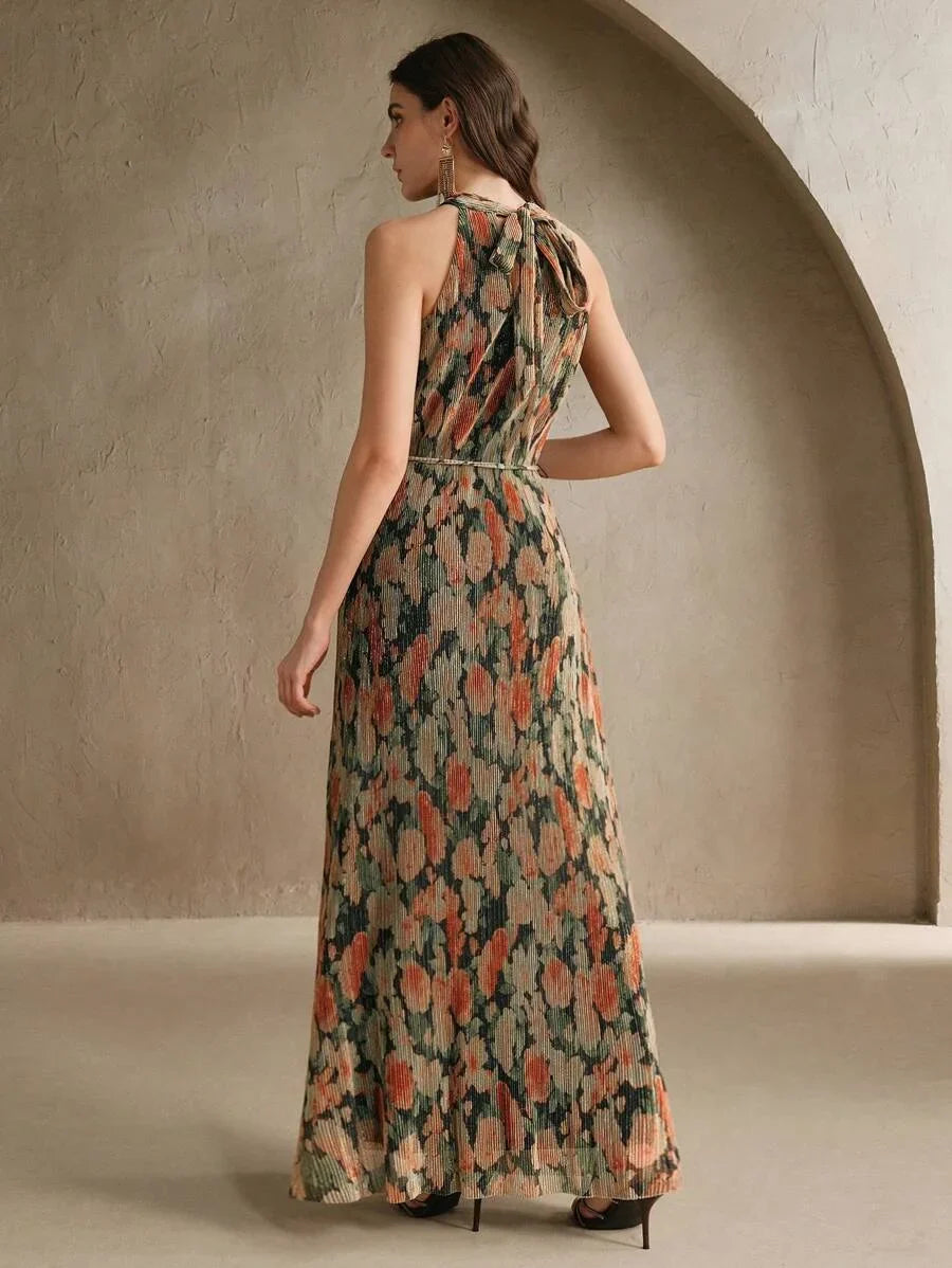 Womens Sleeveless Cinched Waist Floral Print Mesh Dress Elegant For Vacation Party Date Night