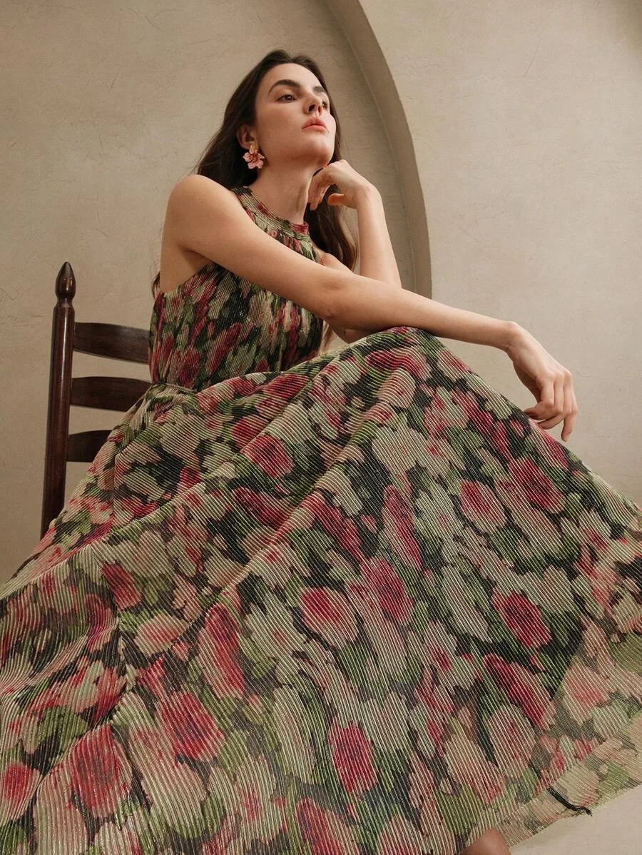 Womens Sleeveless Cinched Waist Floral Print Mesh Dress Elegant For Vacation Party Date Night