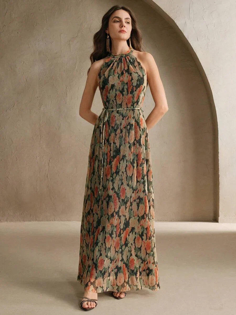 Womens Sleeveless Cinched Waist Floral Print Mesh Dress Elegant For Vacation Party Date Night