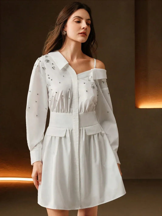 Womens Sleeveless Studded Shirt Dress Elegant One Shoulder Long Sleeve Lightweight Luxurious
