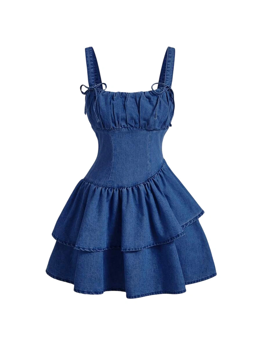 Womens Solid Color Bow Strap Asymmetrical Denim Double Layered Dress Bow DressesHomecoming