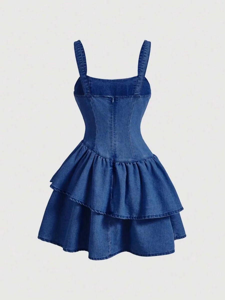 Womens Solid Color Bow Strap Asymmetrical Denim Double Layered Dress Bow DressesHomecoming