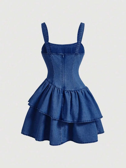 Womens Solid Color Bow Strap Asymmetrical Denim Double Layered Dress Bow DressesHomecoming