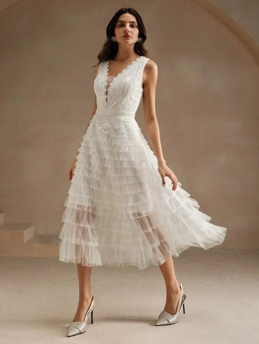 Womens Solid Color Deep VNeck Minimalist Casual Sleeveless Mesh Dress For Holiday Party Clothes