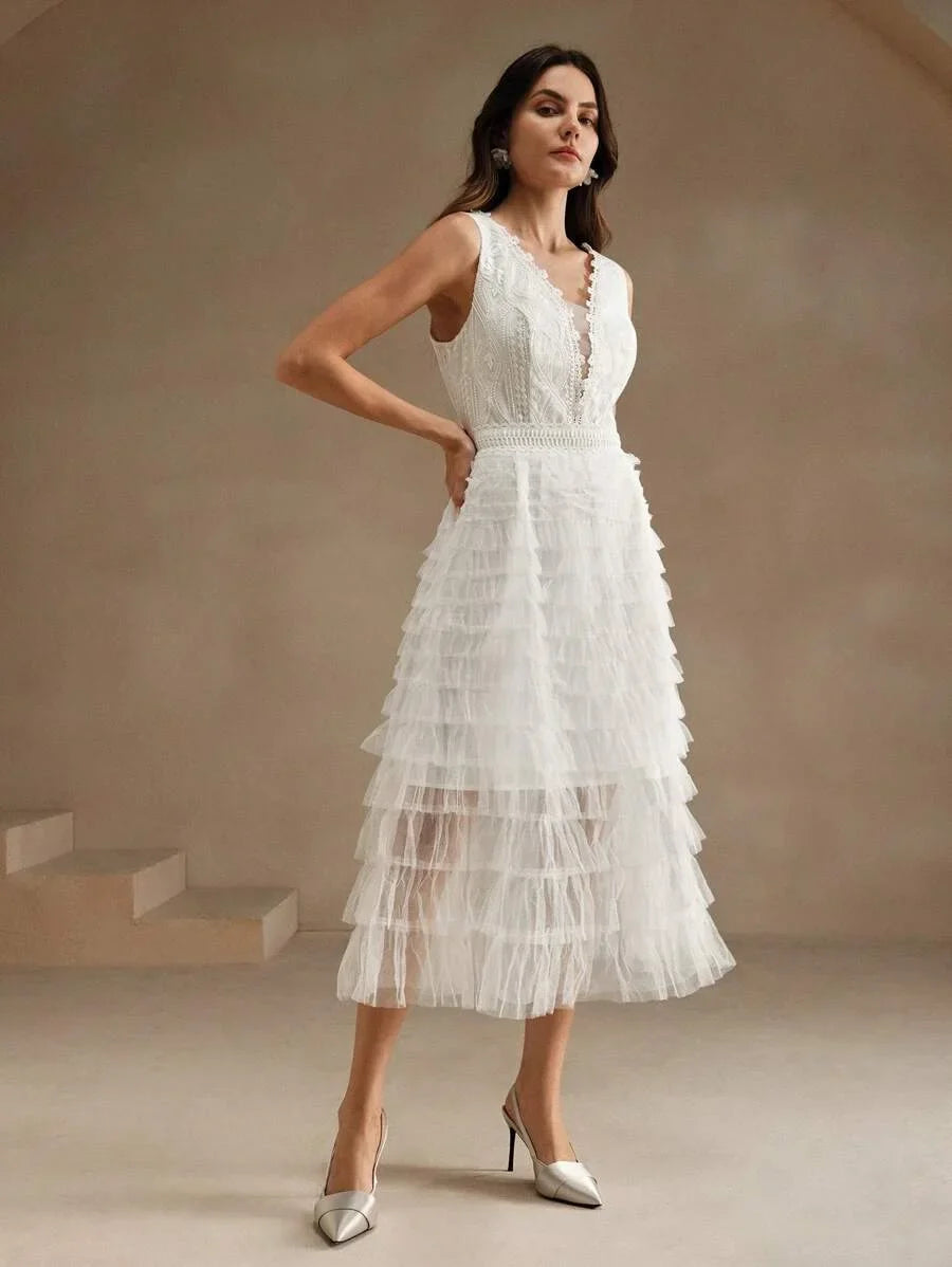 Womens Solid Color Deep VNeck Minimalist Casual Sleeveless Mesh Dress For Holiday Party Clothes