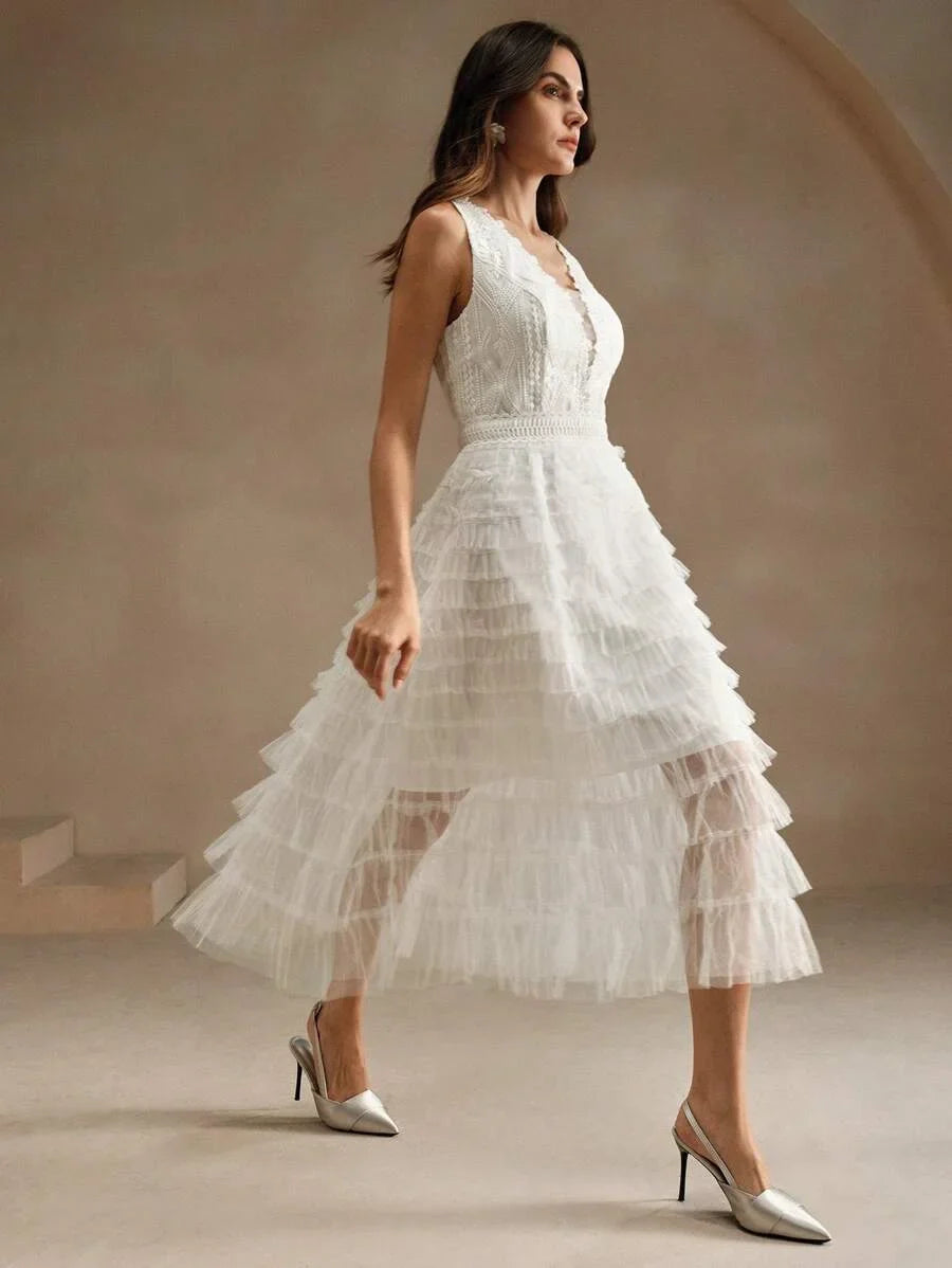 Womens Solid Color Deep VNeck Minimalist Casual Sleeveless Mesh Dress For Holiday Party Clothes