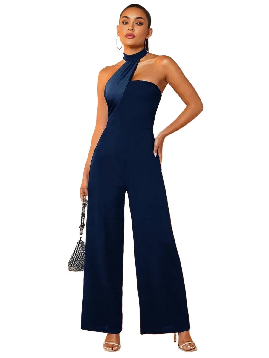 Womens Solid Color Loose Fit Wide Leg Jumpsuit Fashion Halter Neck