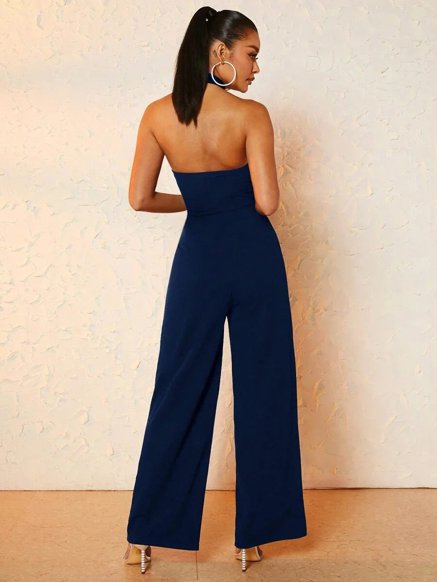 Womens Solid Color Loose Fit Wide Leg Jumpsuit Fashion Halter Neck