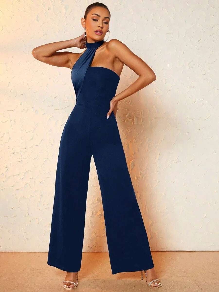 Womens Solid Color Loose Fit Wide Leg Jumpsuit Fashion Halter Neck