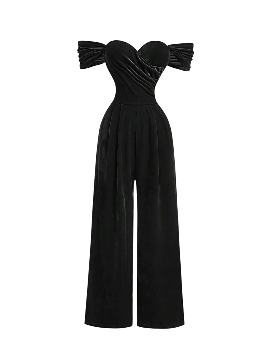 Womens Solid Color Off Shoulder Pleated WideLeg Loose Velvet Jumpsuit