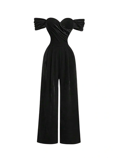 Womens Solid Color Off Shoulder Pleated WideLeg Loose Velvet Jumpsuit