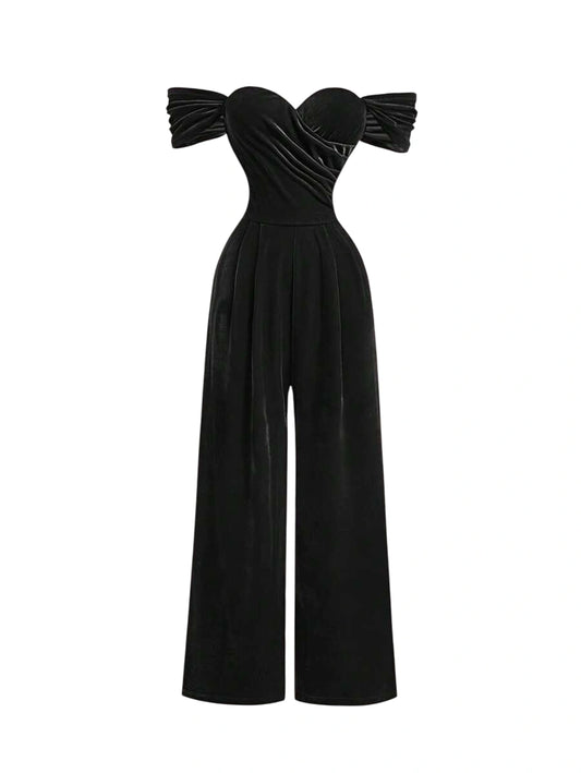 Womens Solid Color Off Shoulder Pleated WideLeg Loose Velvet Jumpsuit