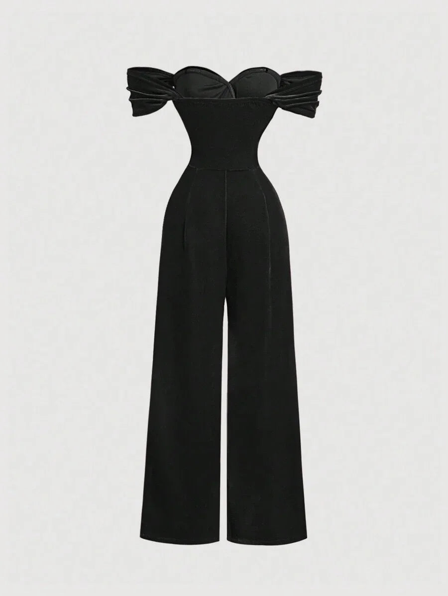 Womens Solid Color Off Shoulder Pleated WideLeg Loose Velvet Jumpsuit