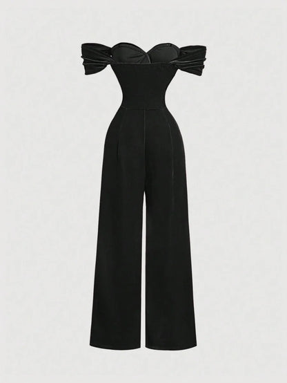 Womens Solid Color Off Shoulder Pleated WideLeg Loose Velvet Jumpsuit