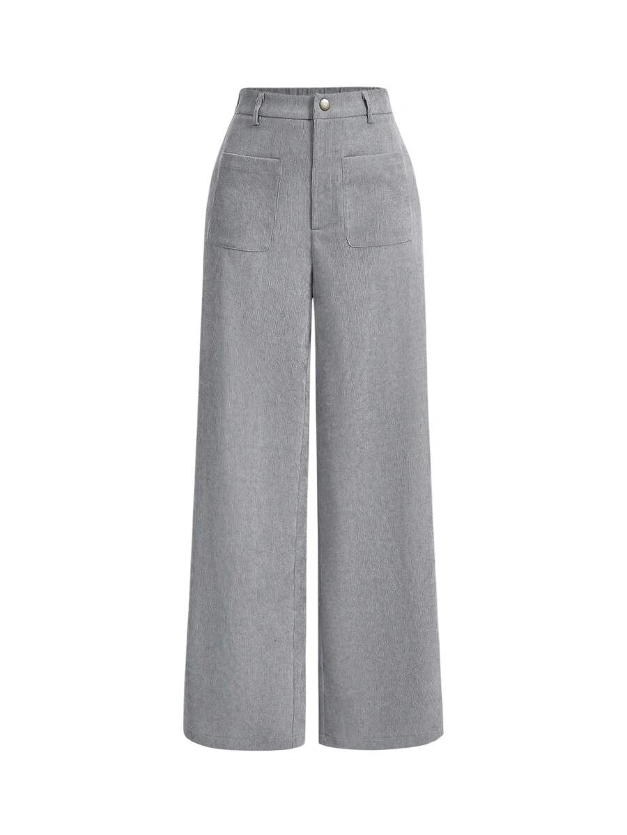 Womens Solid Color Patch Pocket Wide Leg Pants
