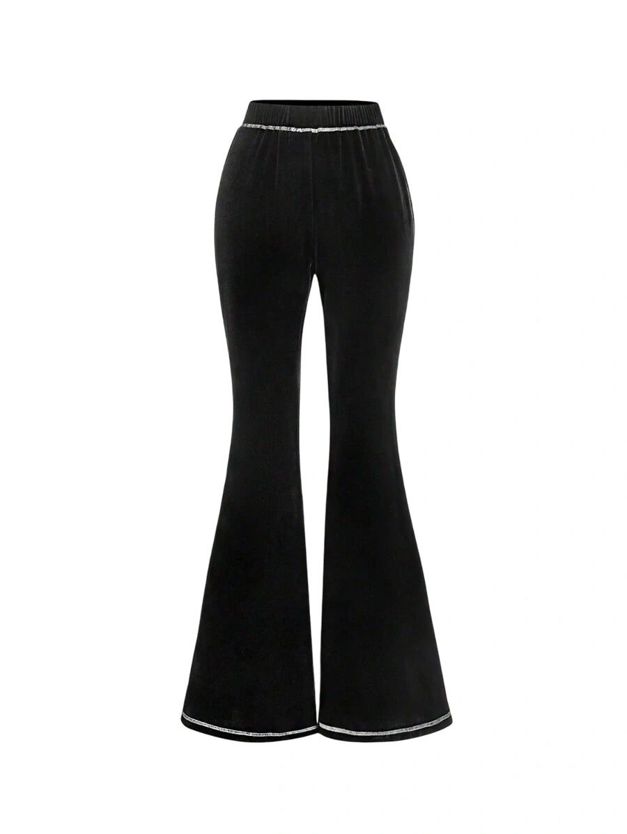 Womens Solid Color Patchwork Elastic Waist Simple Flare Pants Casual Everyday Wear