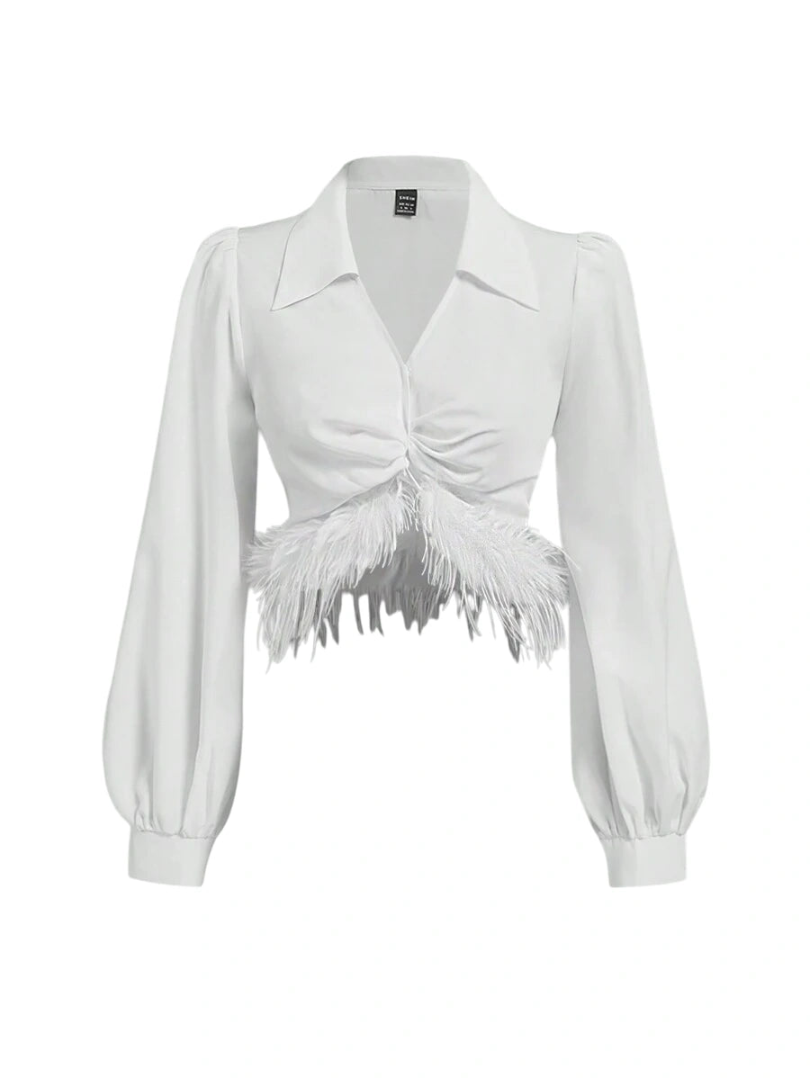 Womens Crop Top Solid Color Polo Collar Long Sleeve