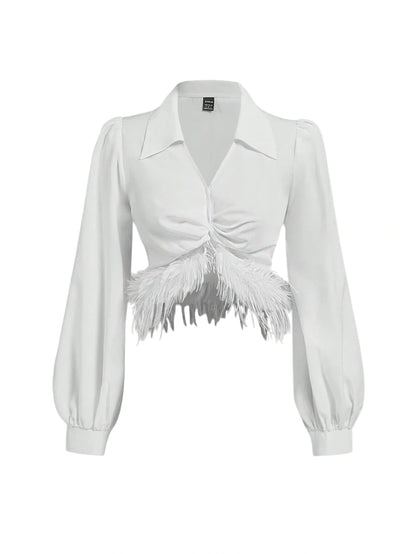 Womens Crop Top Solid Color Polo Collar Long Sleeve