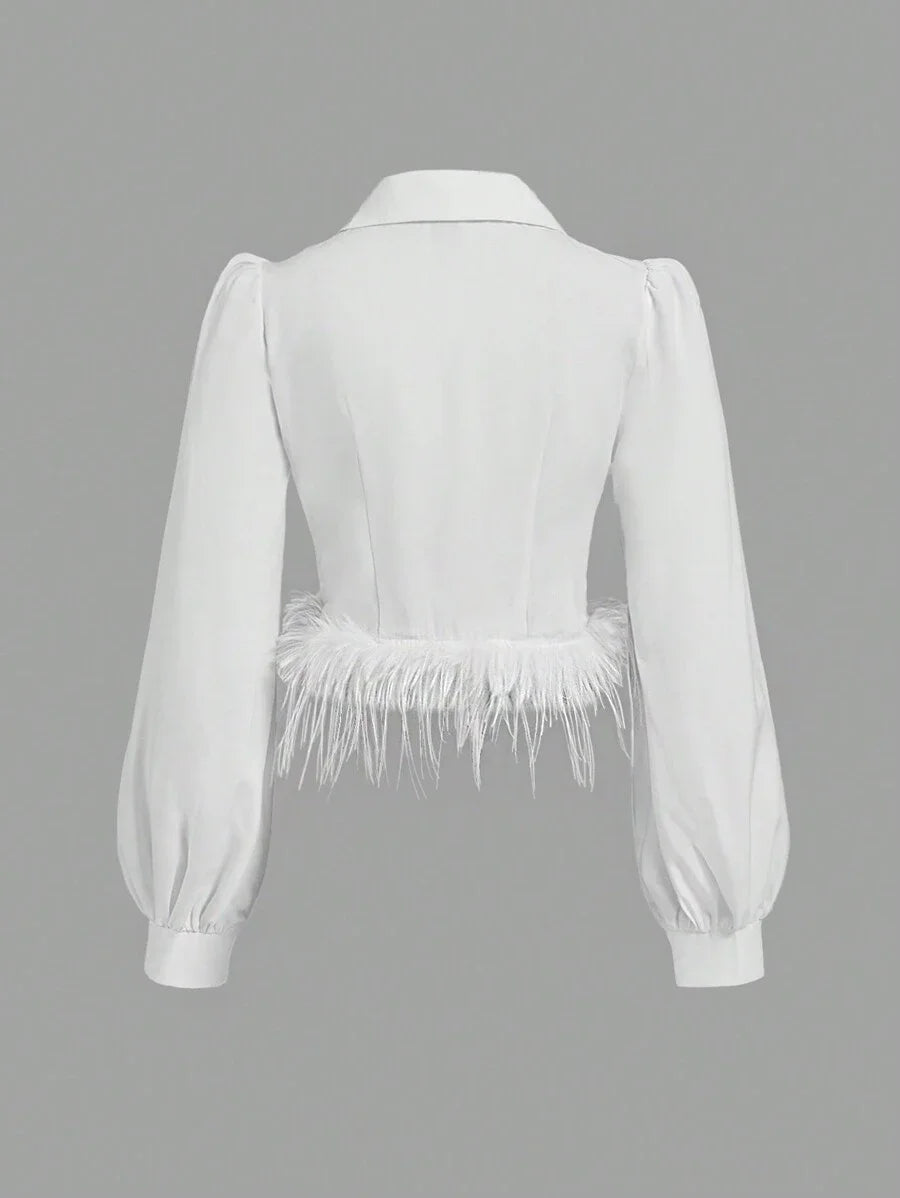 Womens Crop Top Solid Color Polo Collar Long Sleeve
