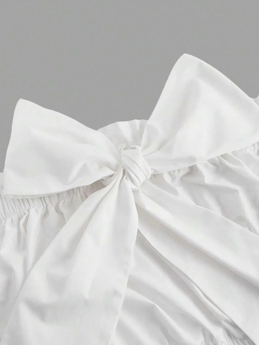 Womens Solid Color Ruffle Tie Bow BlouseOff The Shoulder BlouseSummer Women Tops