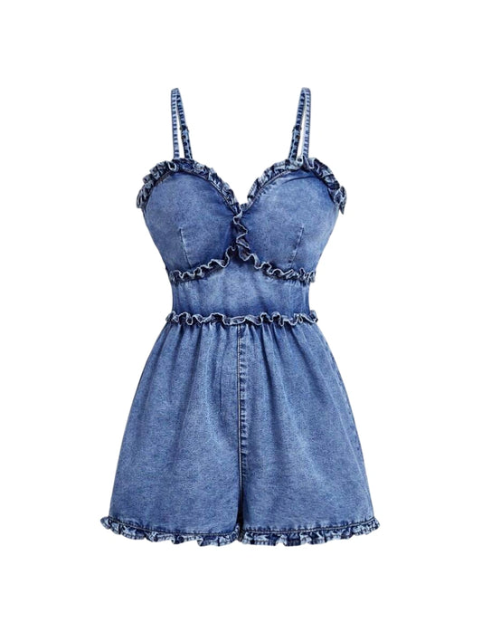 Womens Solid Color Ruffle Trim Denim Jumpsuit Summer Casual Sleeveless Overalls