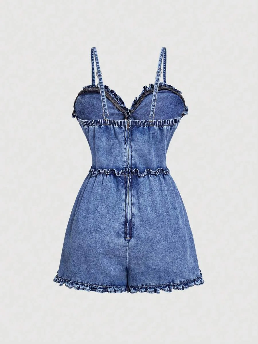 Womens Solid Color Ruffle Trim Denim Jumpsuit Summer Casual Sleeveless Overalls