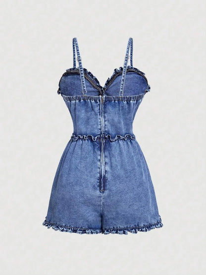 Womens Solid Color Ruffle Trim Denim Jumpsuit Summer Casual Sleeveless Overalls